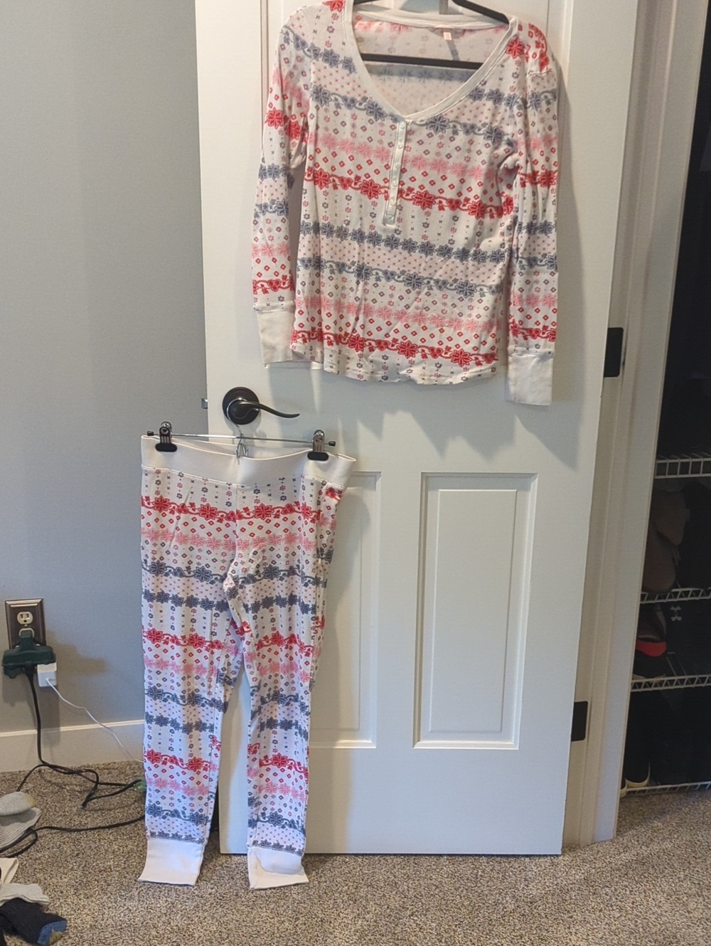 Victoria's Secret White Long-Sleeve Pajama Set with Red & Blue Pattern